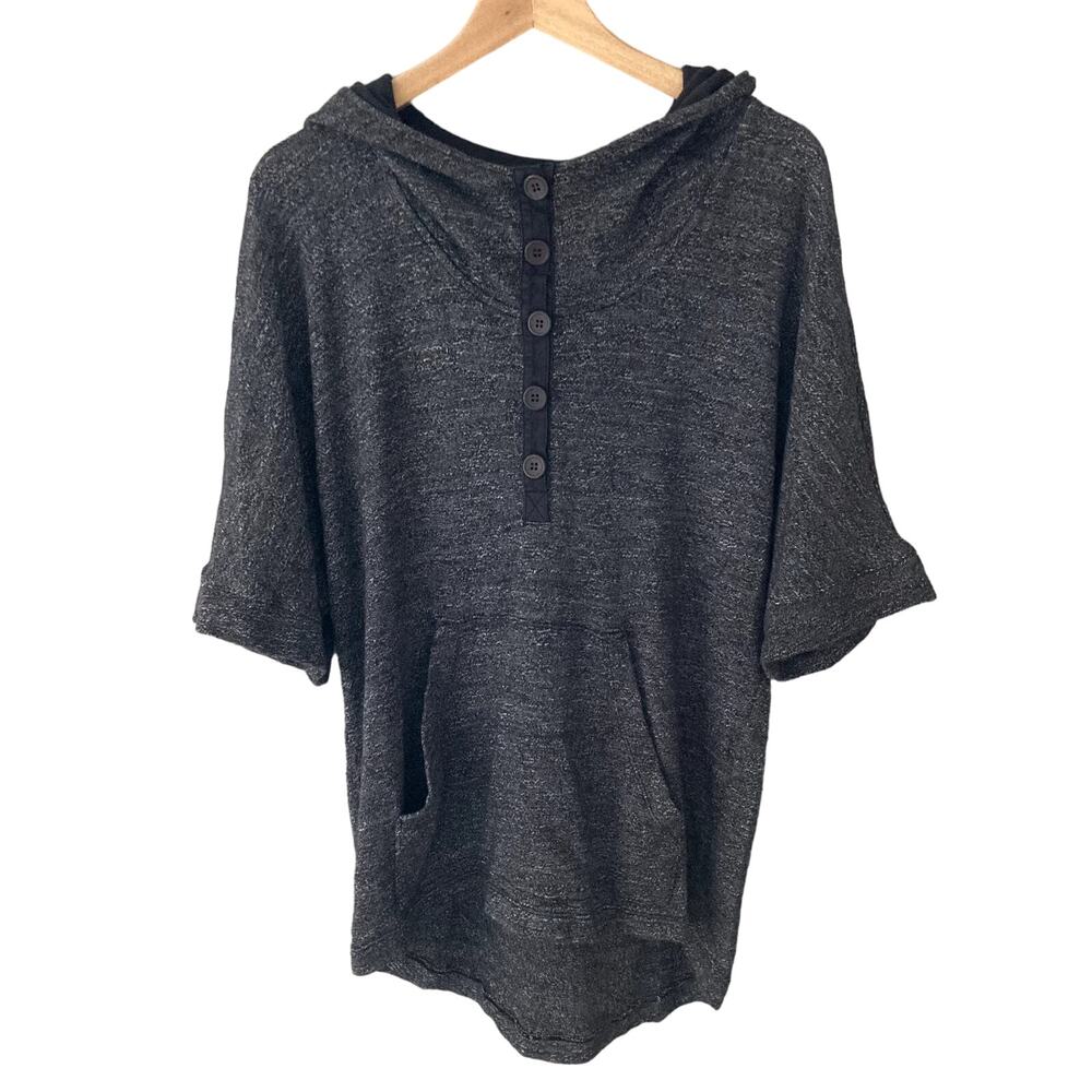 Three Dots Marled Knit Hoodie - Boxy Short Sleeves - Black.- Small